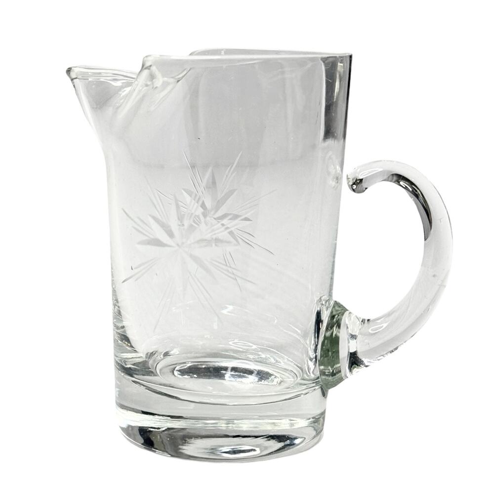 Crystal Glass Mini Pitcher 3.75" Cream Syrup Sunburst Star Etched Creamer Vtg